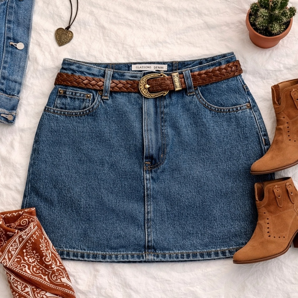 Glassons Denim Mini Skirt in Blue with Brown Belt